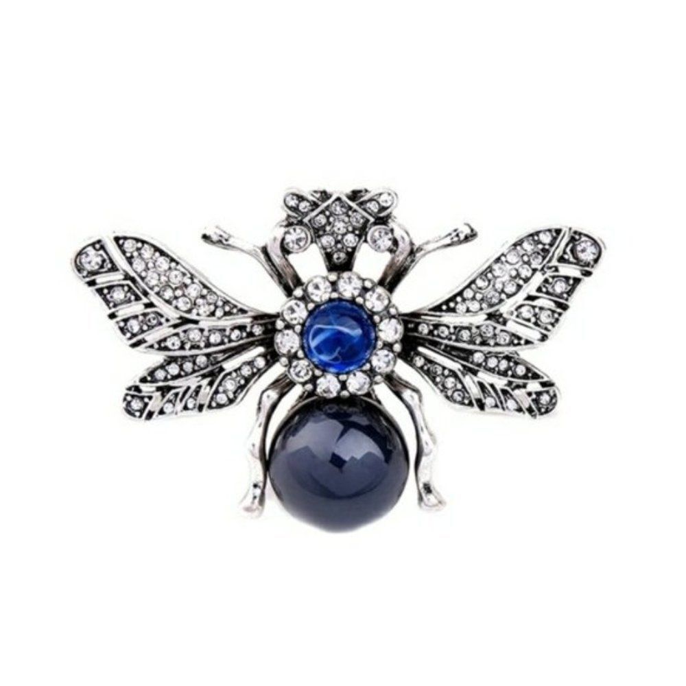 Blue Rhinestone Clear Crystal Bee Vintage Silver Statement Brooch
